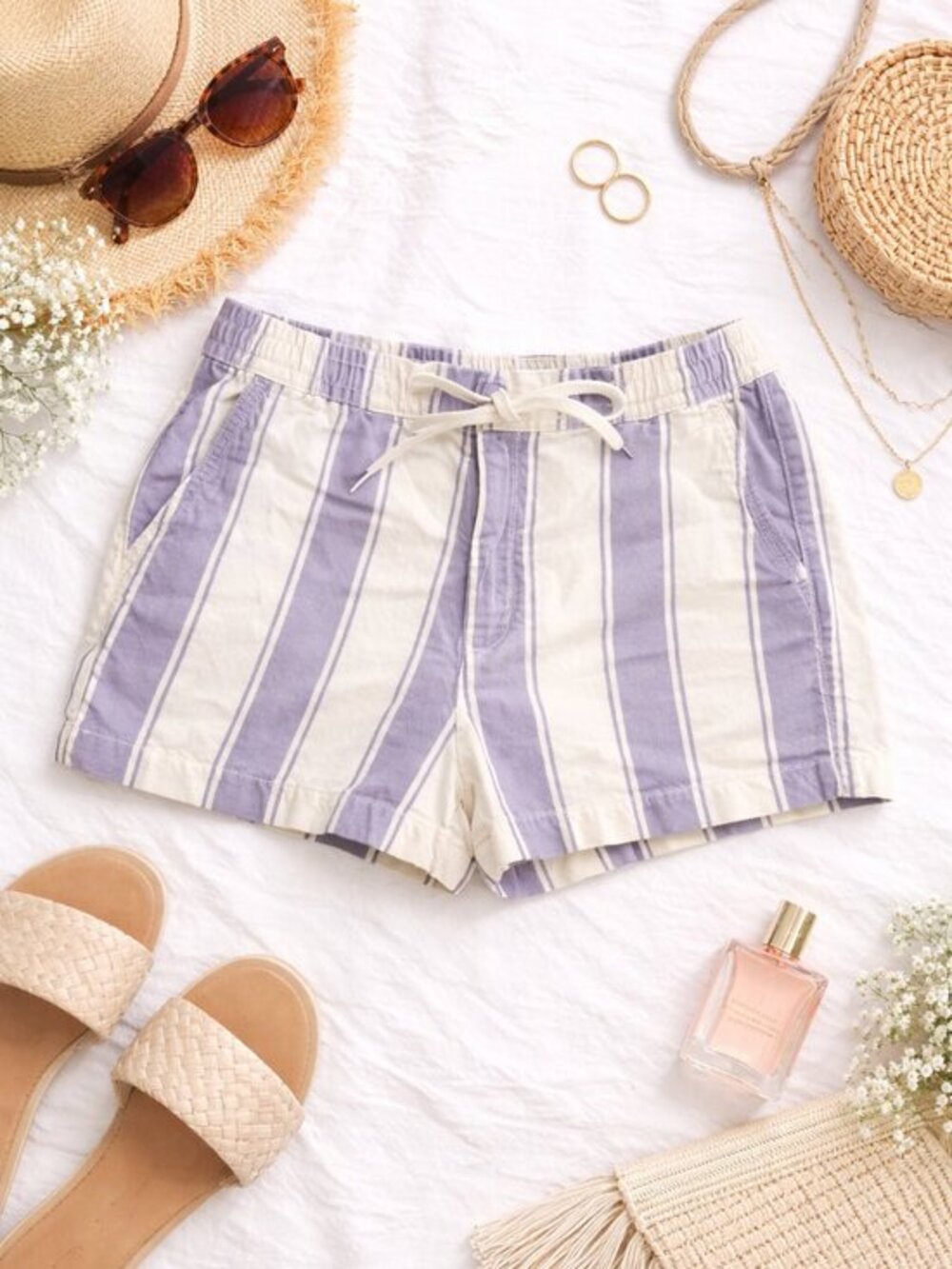 American Eagle Outfitters Lavender and Cream Striped Drawstring Shorts
